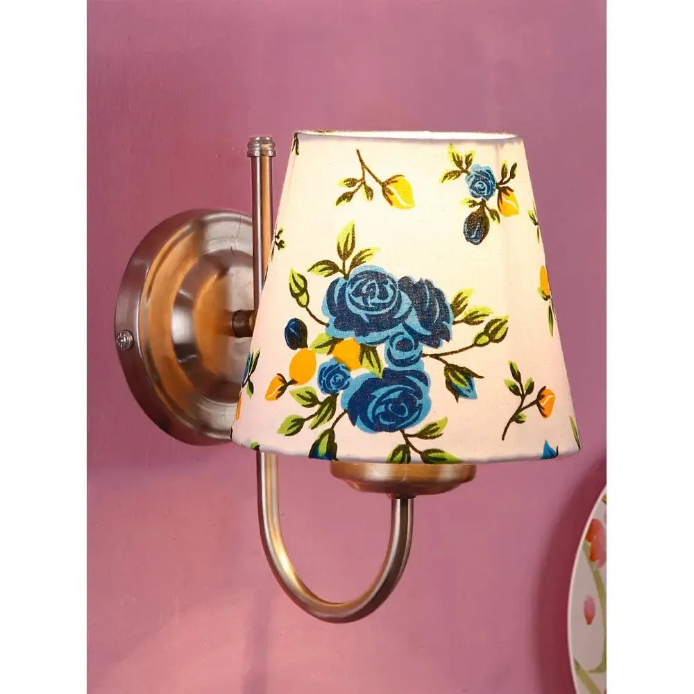 Single Blue Floral Cotton Conical Wall Mounted Lamp with Steel Base