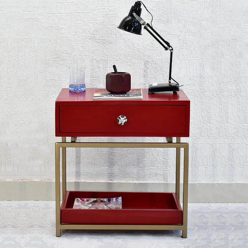 Single Broad Drawer With Tray Solid Wood Red Bedside Table With Golden Iron Frame