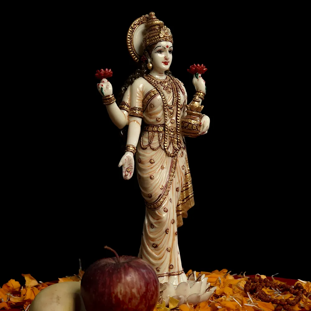 Skillfully Handcrafted Highly Detailed Divine Standing Goddess Laxmi Idol In Polyresin