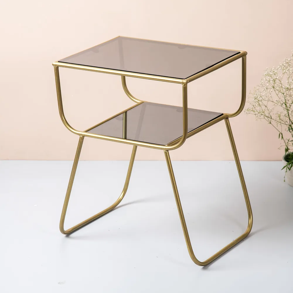 Sleek Iron and Glass Lusturous Gold Side Table