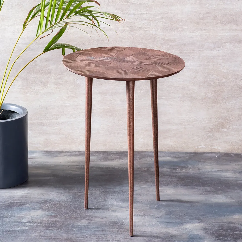 Sleek Textured Lustrous Copper Colored Aluminum Side Table