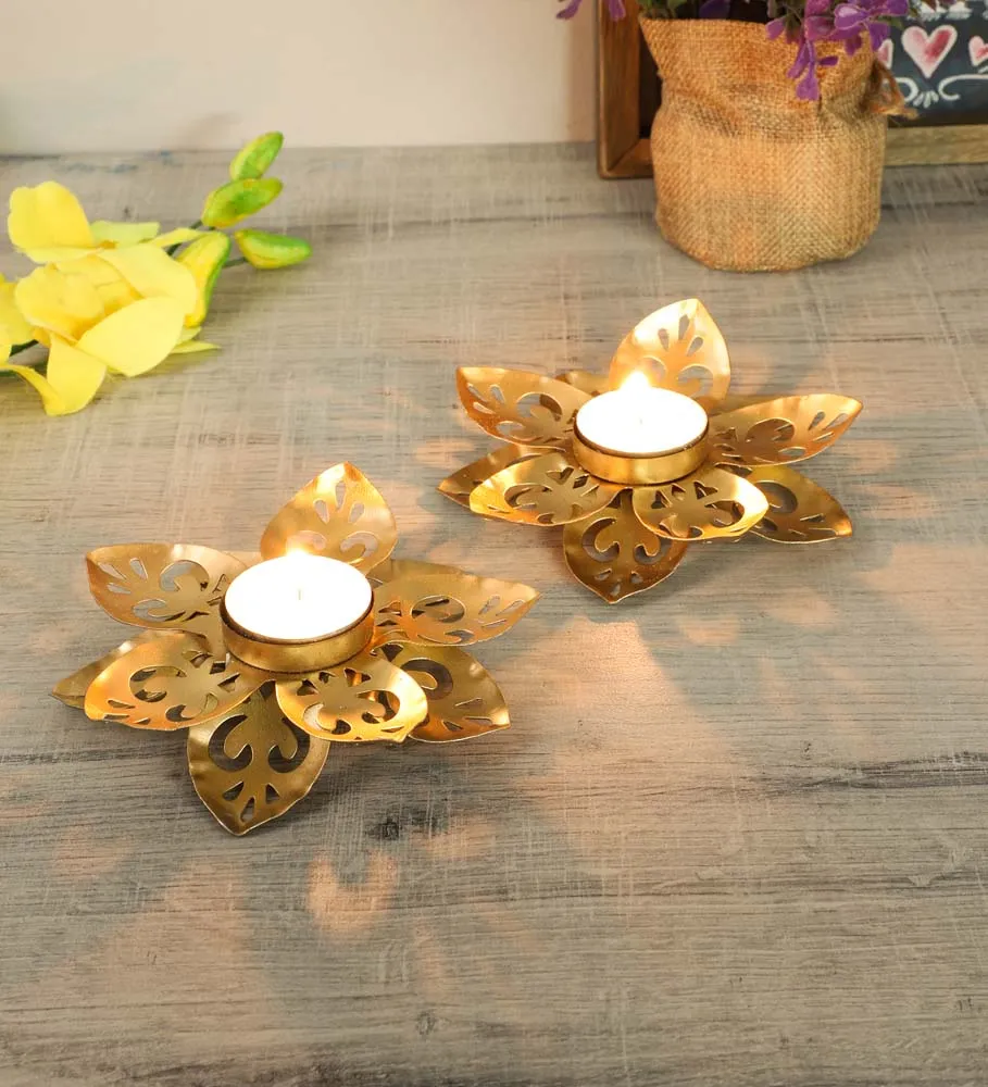 Small Designer Floral Pattern Tea Light Candle Holders Set of 2