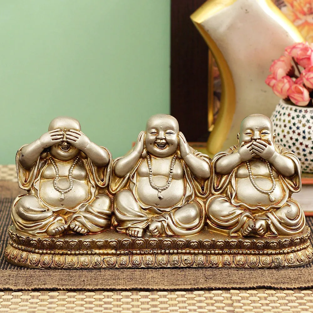 Small Gold Toned Decorative Trio Laughing Buddha Showpiece