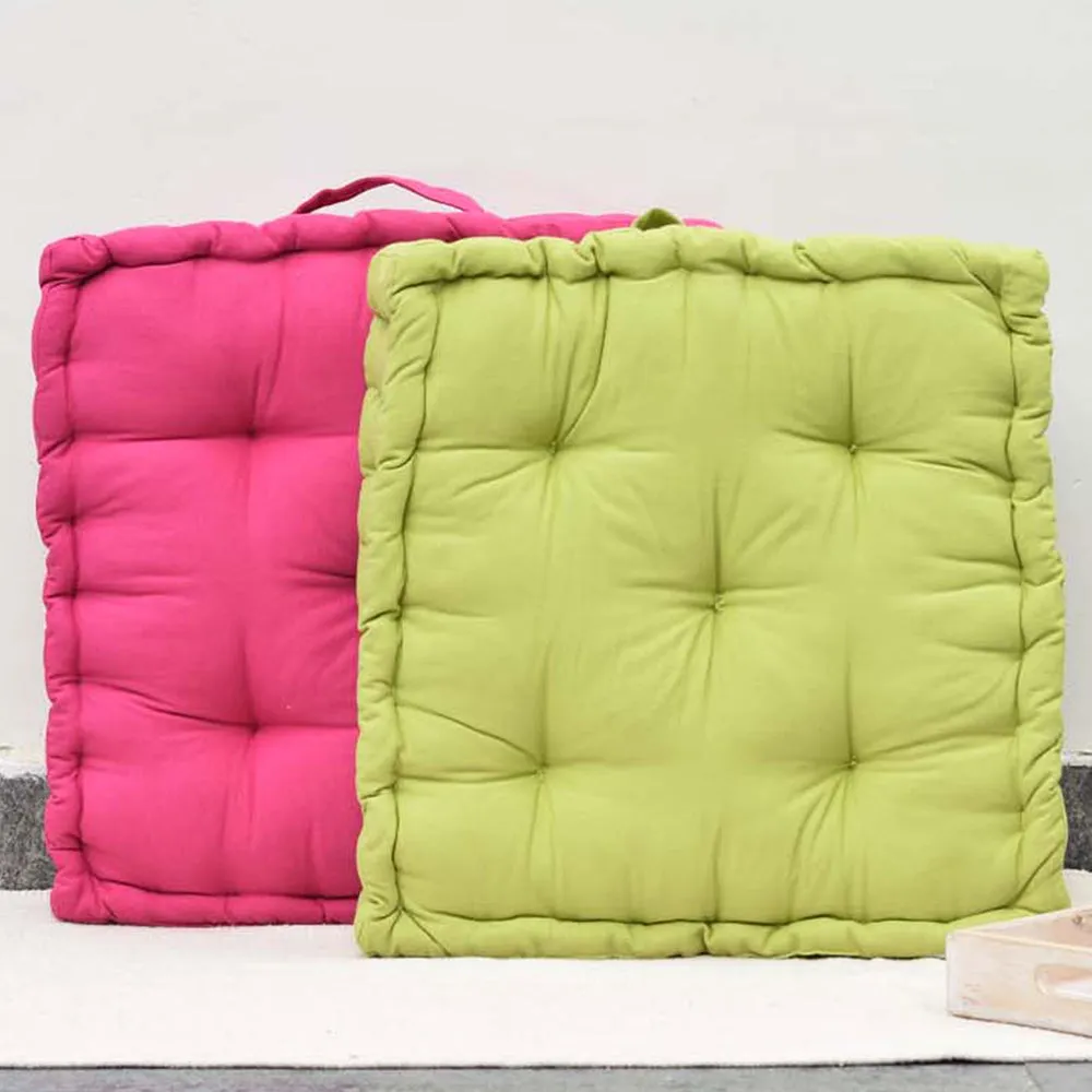Small Pink and Green Box Squared Plush Cotton Matlas Floor Sitting Cushion Set Of 2