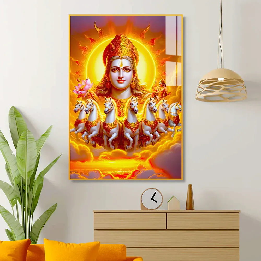 Solar Majesty Surya Dev With Horses Acrylic Wall Painting