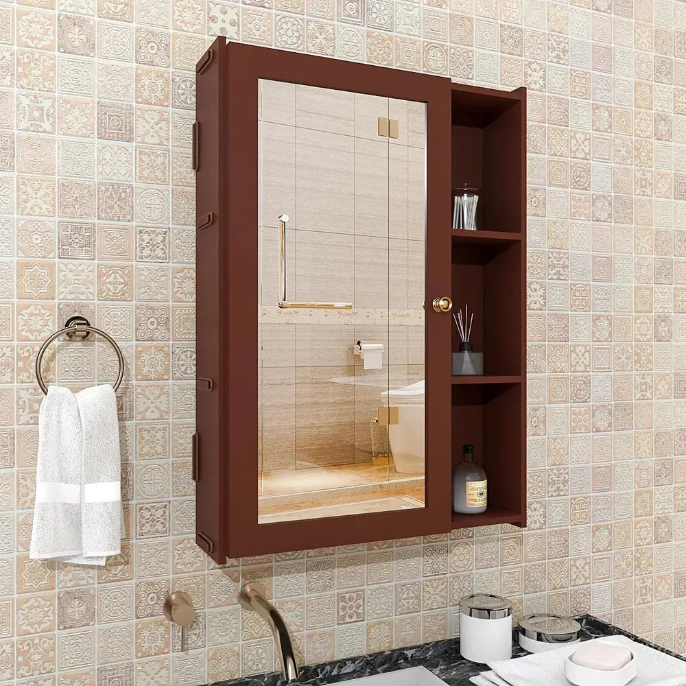Solid Brown Wooden Bathroom Mirror Cabinet with Spacious Shelves
