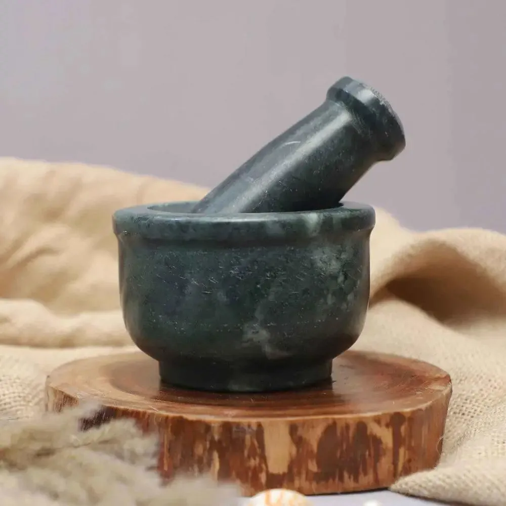 Solid Green Marble Black Mortar and Pestle