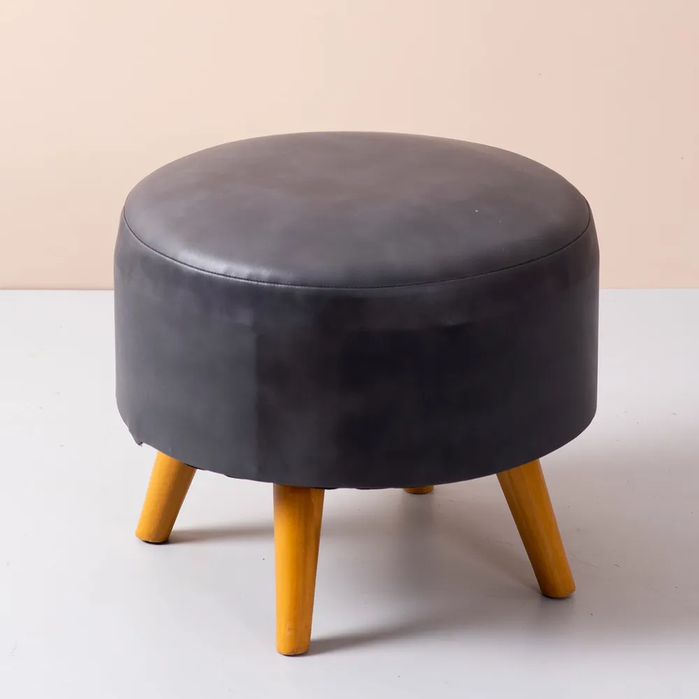 Solid Grey Faux Leather Round Mango Wood Stool