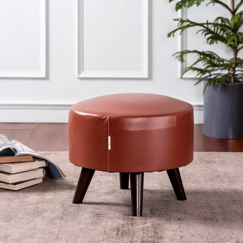 Solid Maroon Faux Leather Round Mango Ottoman Wood Stool