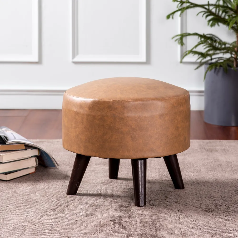 Solid Original Leather Colored Faux Leather Round Mango Wood Stool