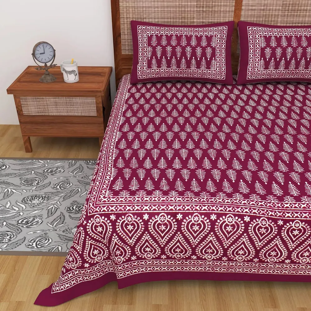 Solid Red & White 144 TC Cotton Double Bedsheet with Pillow Covers