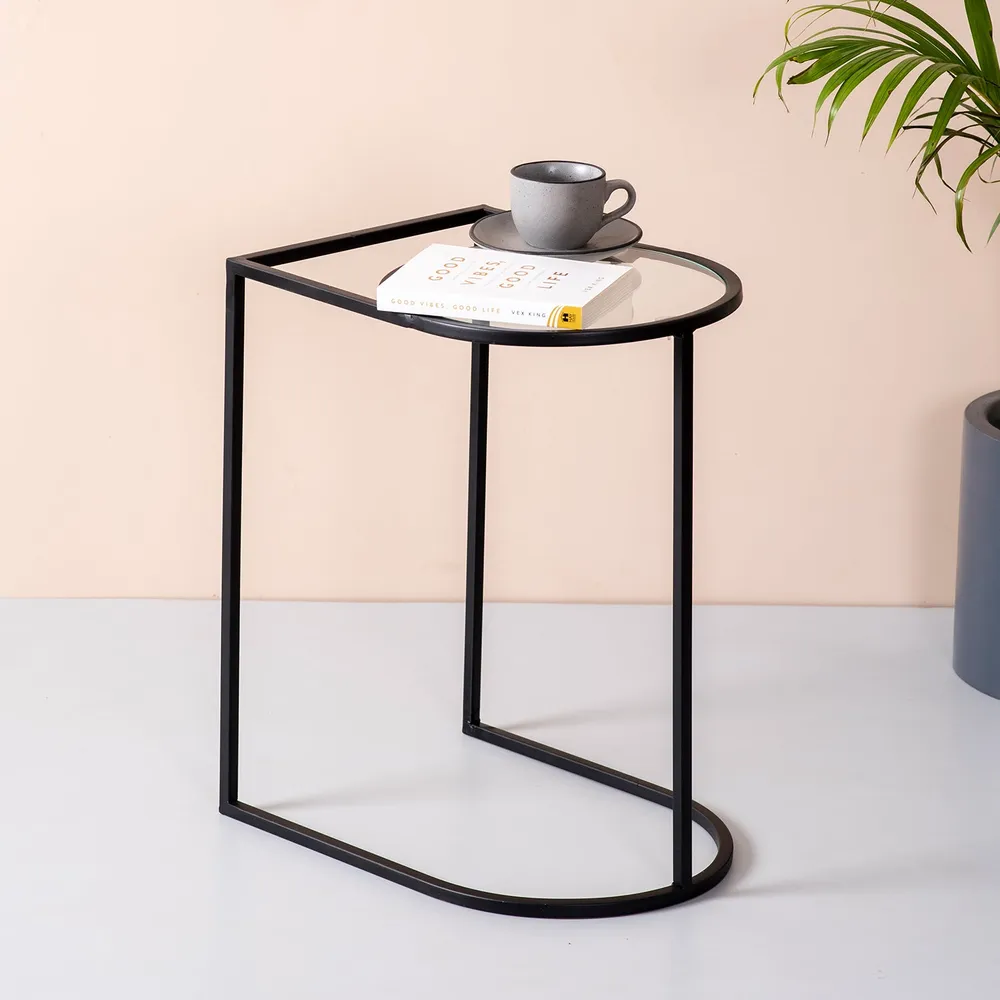 Solid Sheer Iron and Glass Lustrous Black Side Table