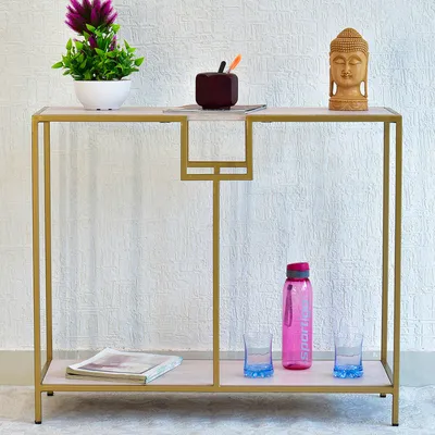 Solid Wood Two Shelves White Console Table With Golden Iron Frame