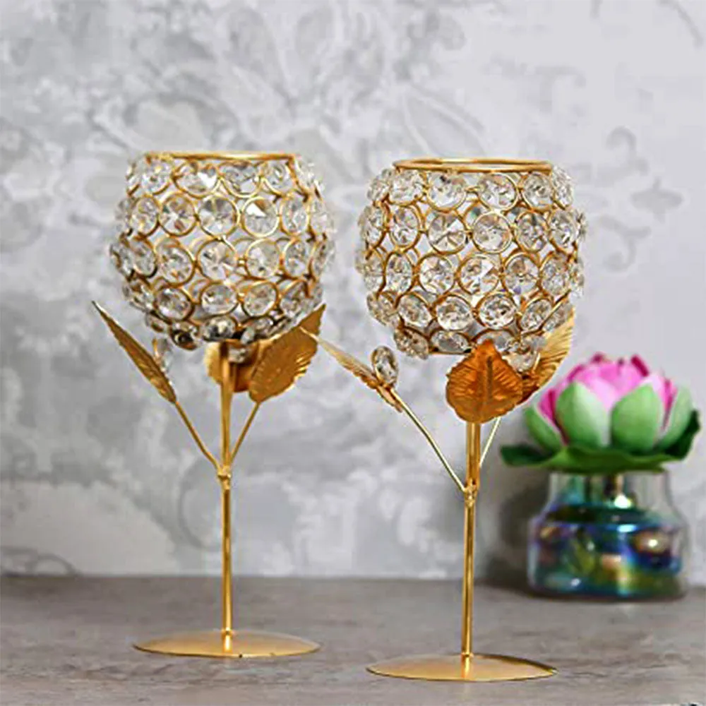 Sparkling Crystal Golden Metal Tea Light Candle Holder