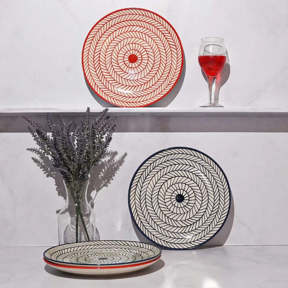 Spiral Fishbone Patterned Ceramic Dinner Plates In Blue & Red Set Of 4
