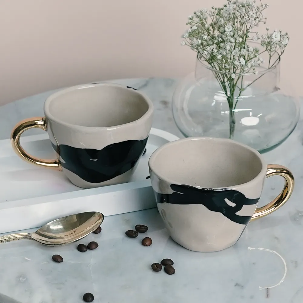 Splash Of Black Ceramic Tea Cups With Gold Handle  Set of 2