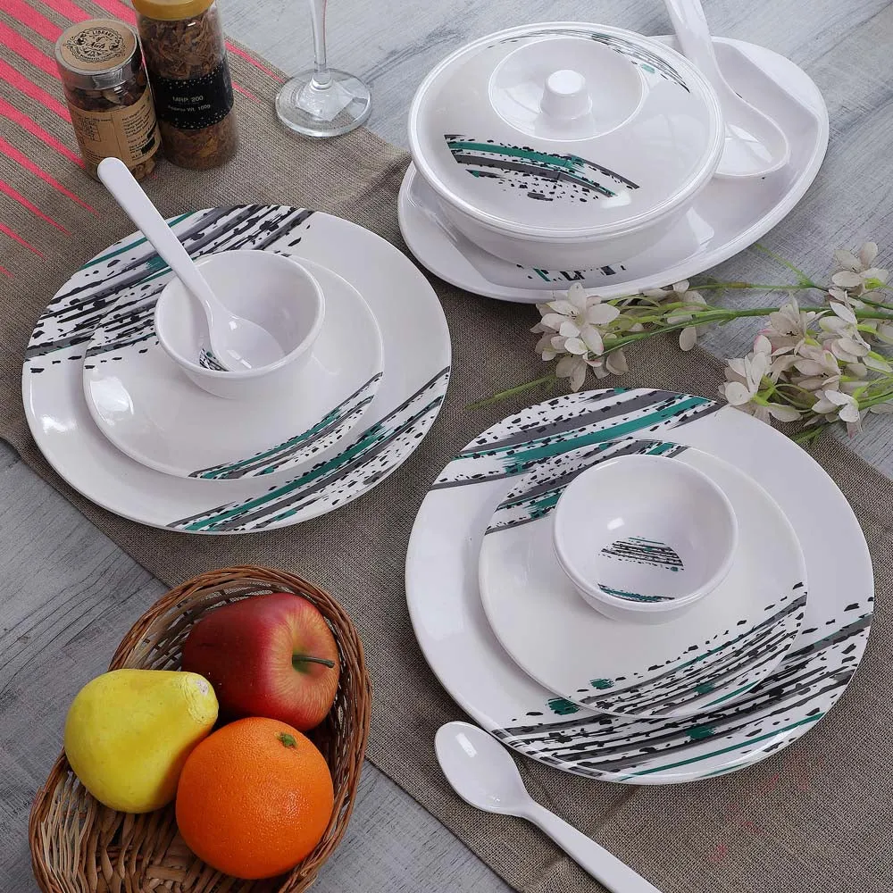 Square Abstract Printed Green & Black Melamine Dinner Set Of 40