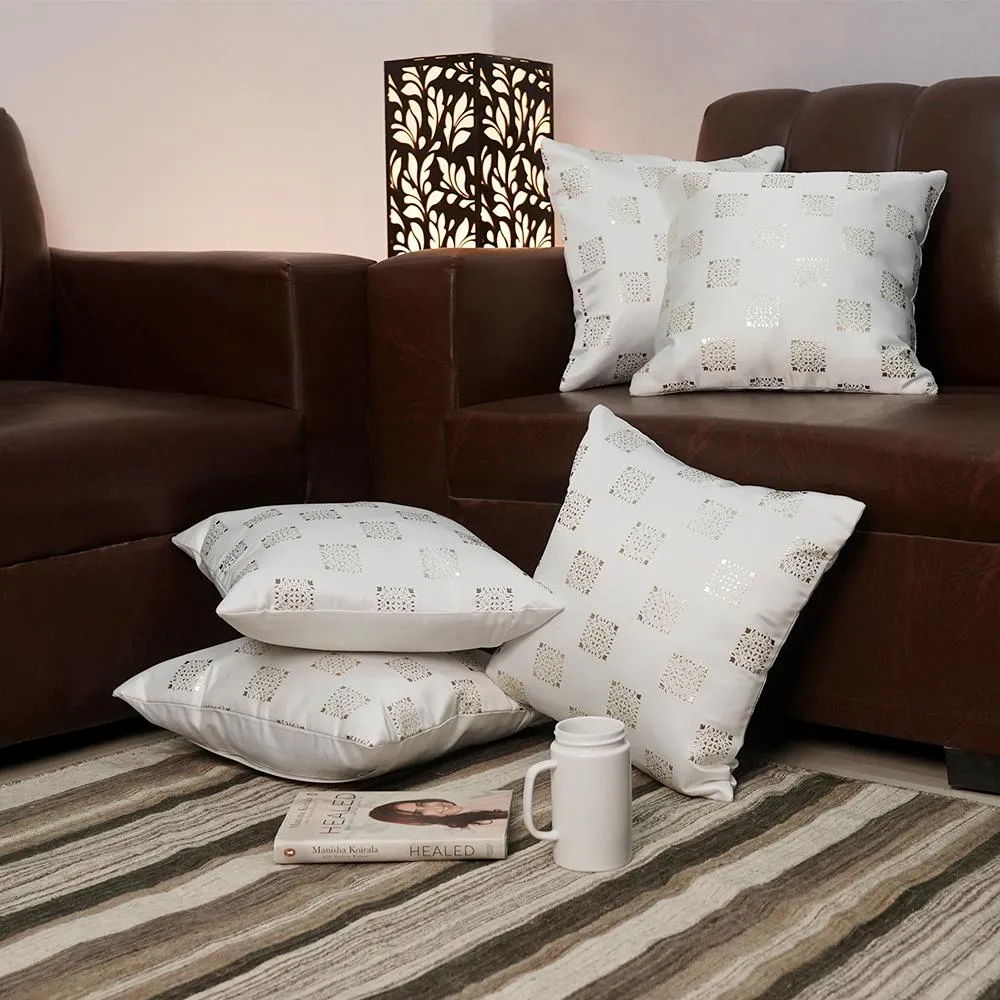 Square Motif White Satin Cushion Cover Set of 5
