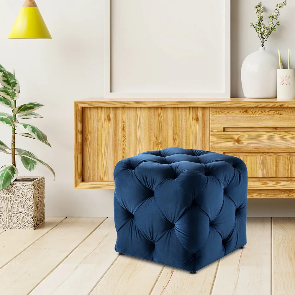 Square Velvet Tufted Solid Puffy Stool In Royal Blue Single Piece