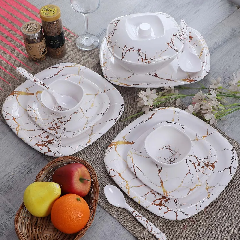 Square White Marble Motif Melamine Dinner Set of 40 WallMantra