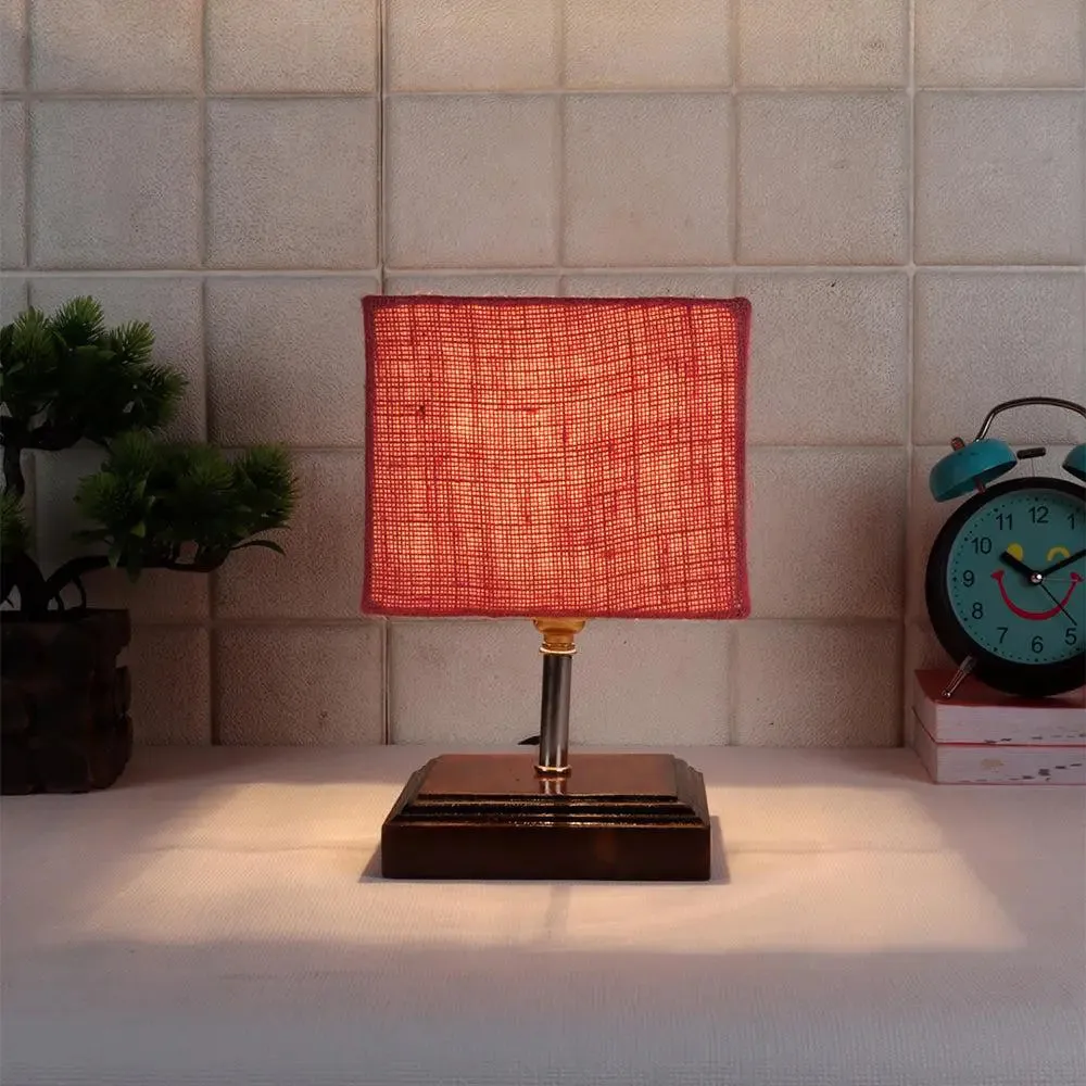 Square Wood Table Lamp with Pink Jute Shade