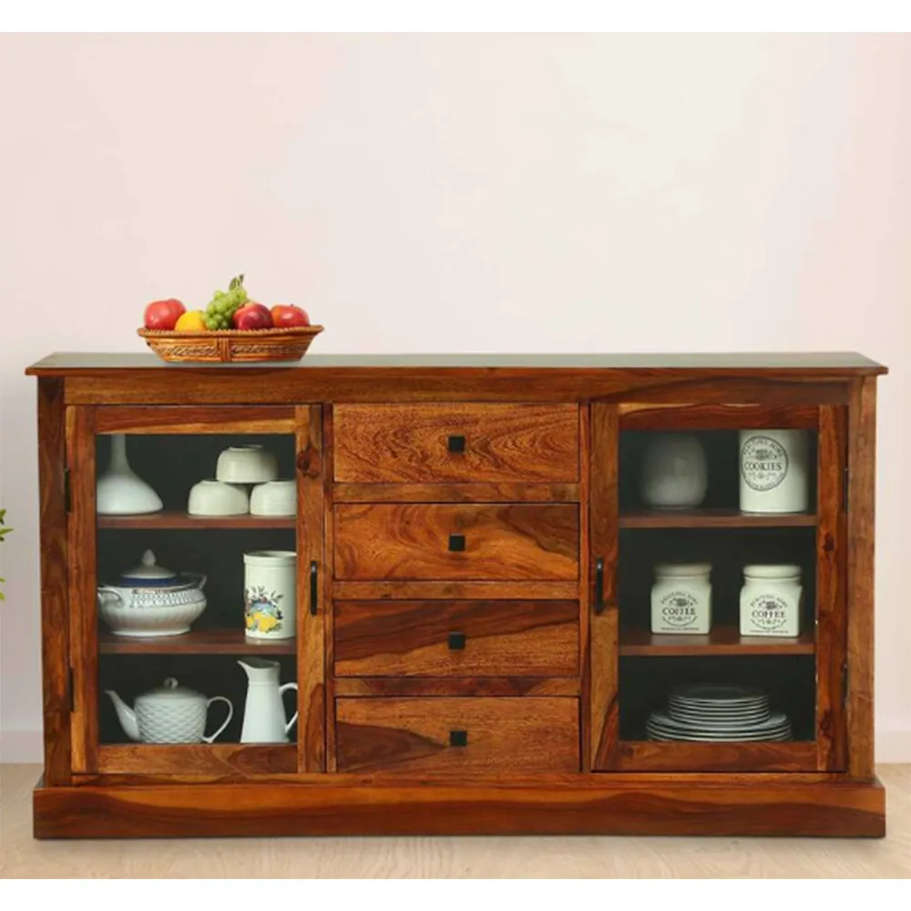 Standard Designer Sheesham Wood Sideboard With Glass Doors