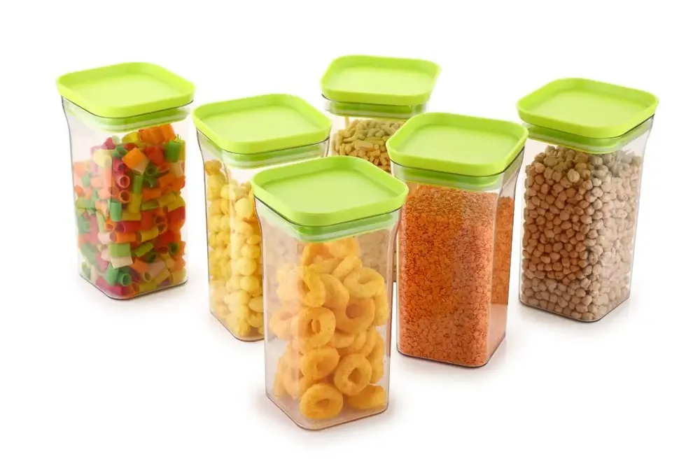 Standard Square Airtight Plastic Kitchen Storage Container With Green Lid Set Of 6 (1100 ml)