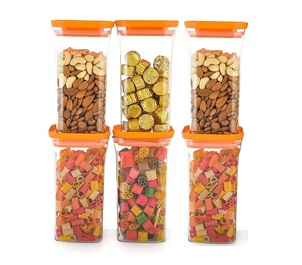 Standard Square Airtight Plastic Kitchen Storage Container With Orange Lid Set Of 6 (1100 ml)