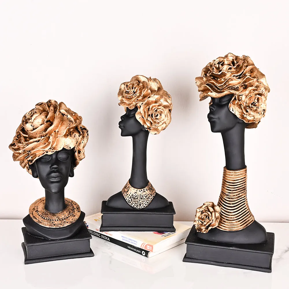 State-of-the-art Set of 3 Stunning Black Lady-like Figurines with Gold Accents