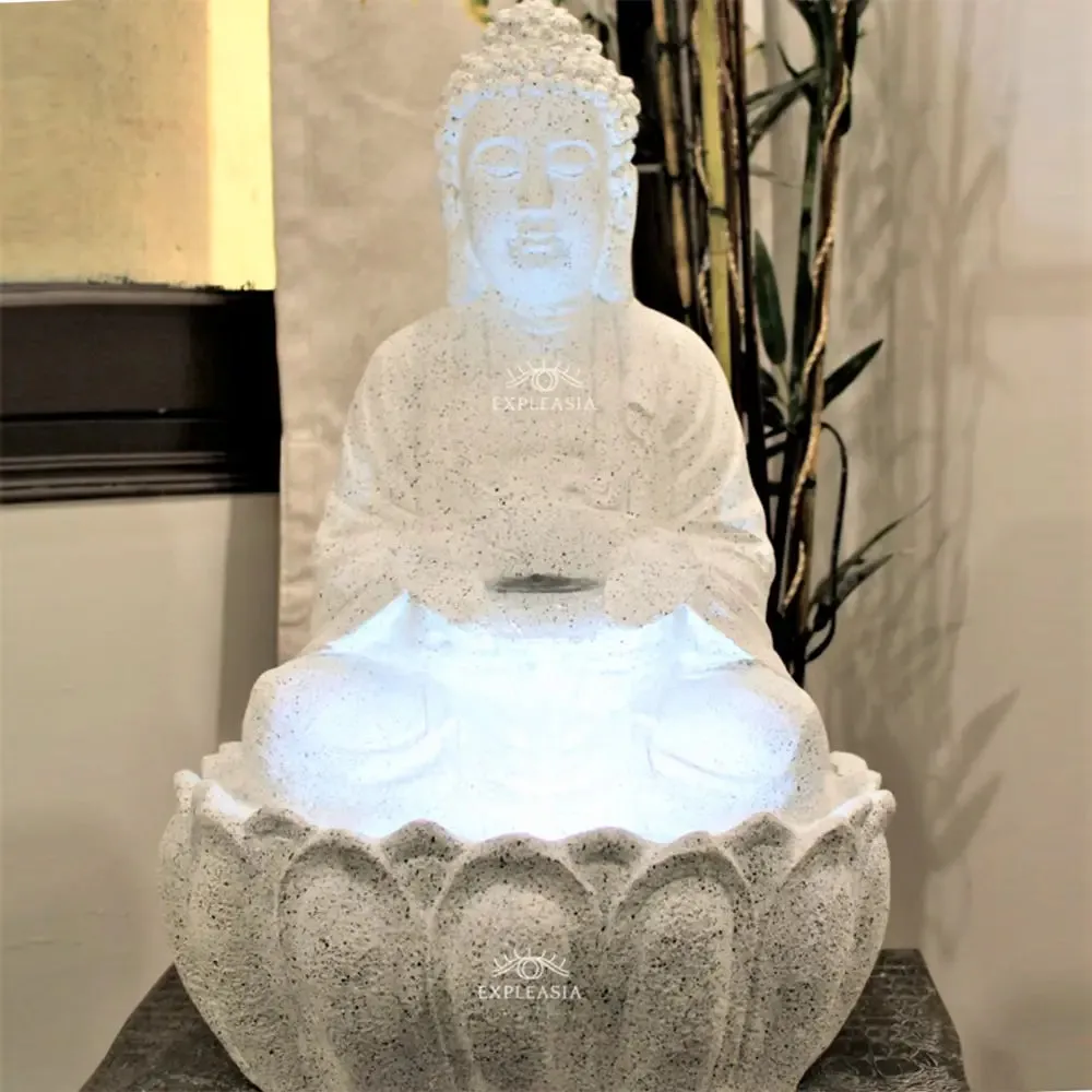 Stunning 2ft White Lotus Buddha Water Fountain for Home