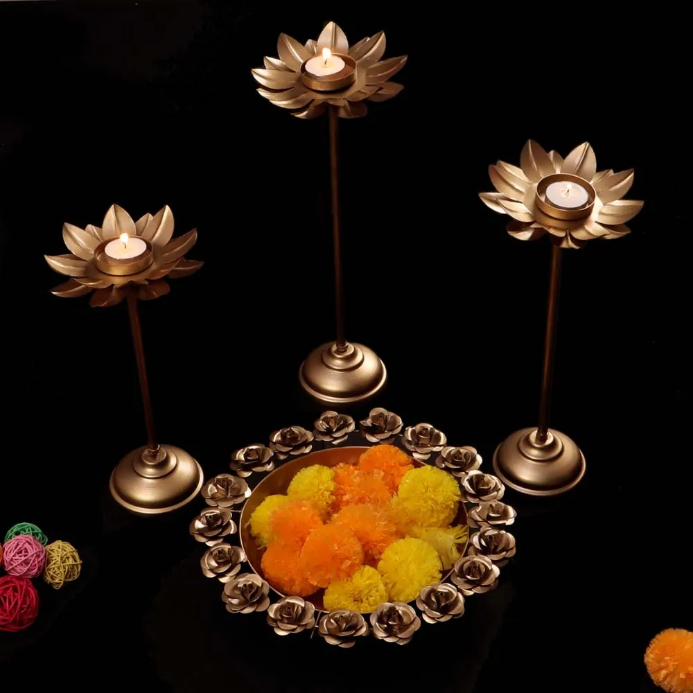 Stunning Rose Metal Urli Bowl with Detachable Tea light Stand Set of 4