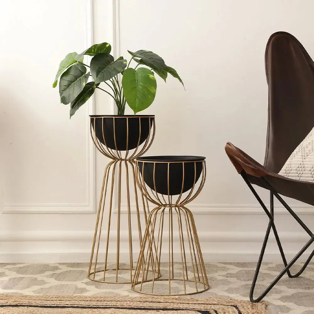 Stunning Set of 2 Black Twin Floor Planter Stand (Black Pot & Gold Stand)