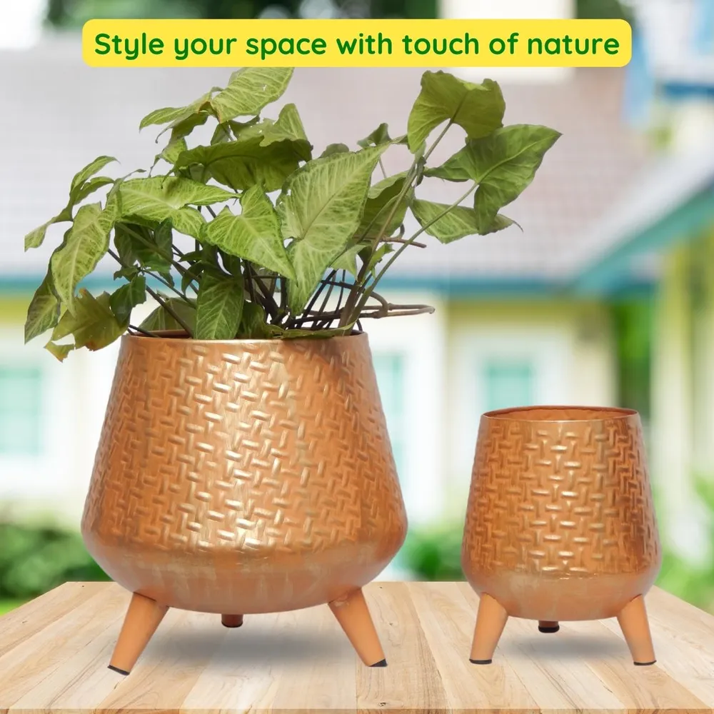 Stunning Set of 2 Rope Textured Indoor Metal Plant Stand with Pot- Orange