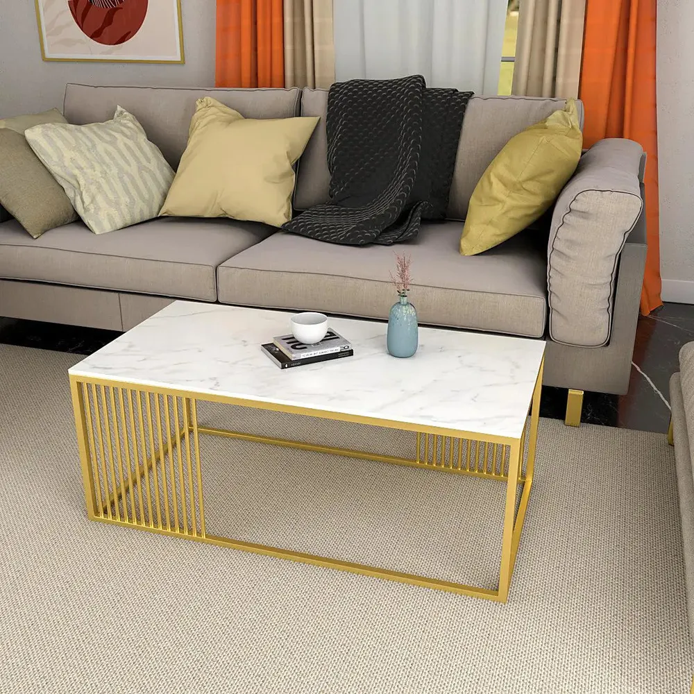 Stunning White Marble Centre Table for Living Room with Golden Accents