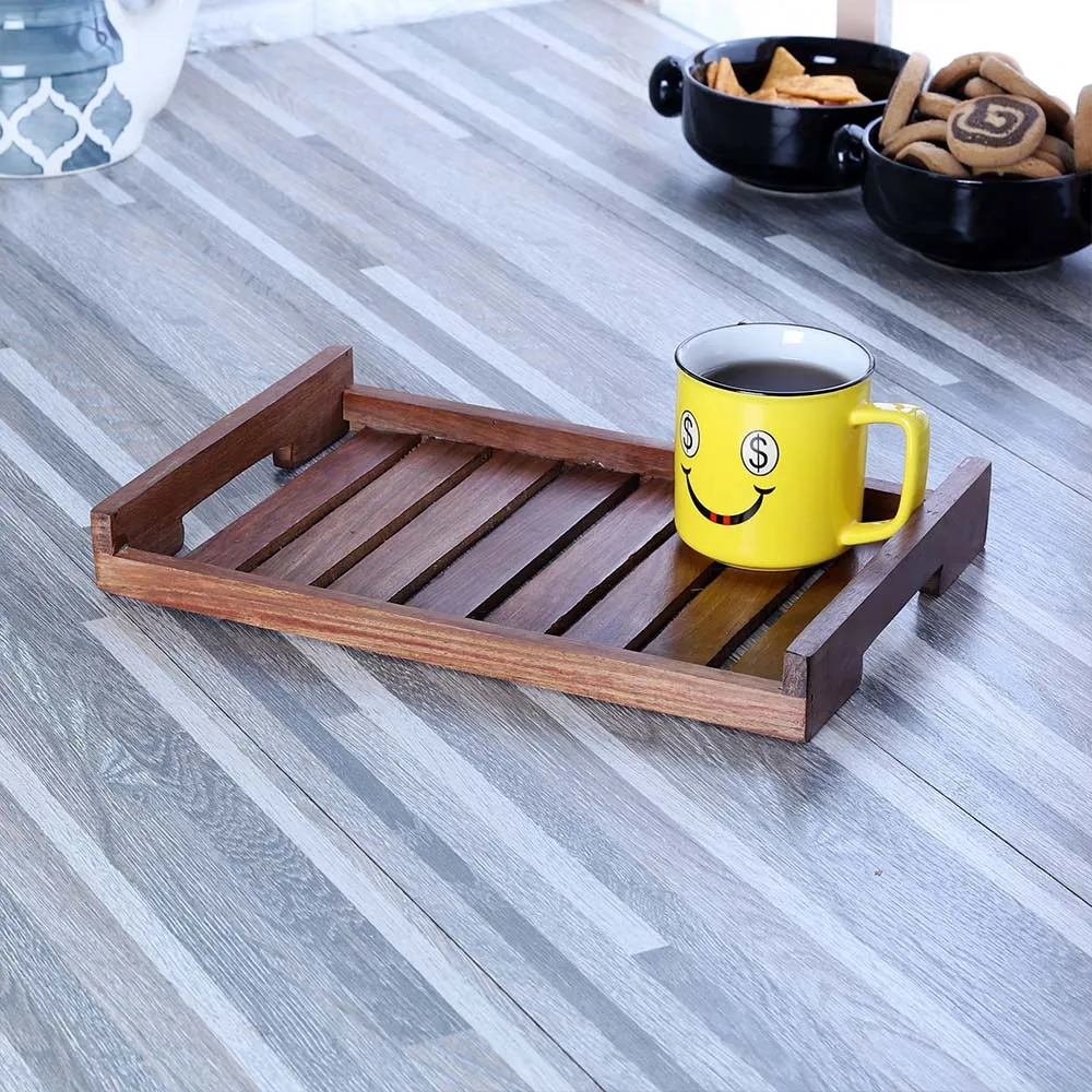 Sturdy Brown Rectangular High-Quality Wooden Tray with Handles