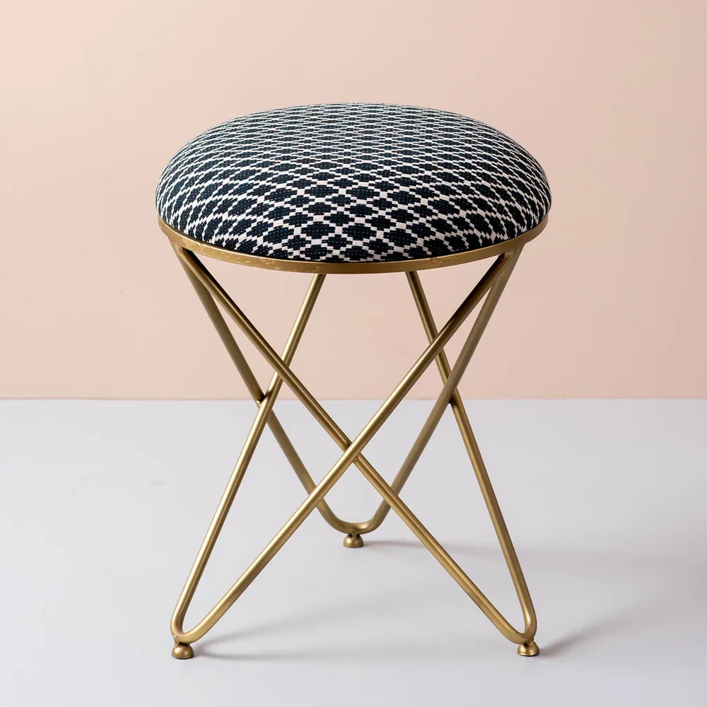 Subtle Dark Hued Print Woven Metal Ottoman Stool Set Of 2