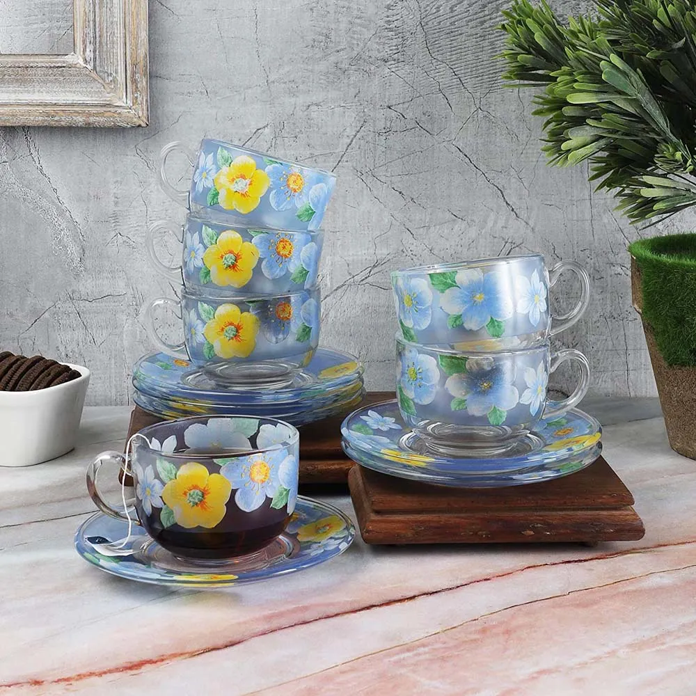 Summer Floral Print Yellow & Blue Translucent Tea Cups With Saucers Set Of 6