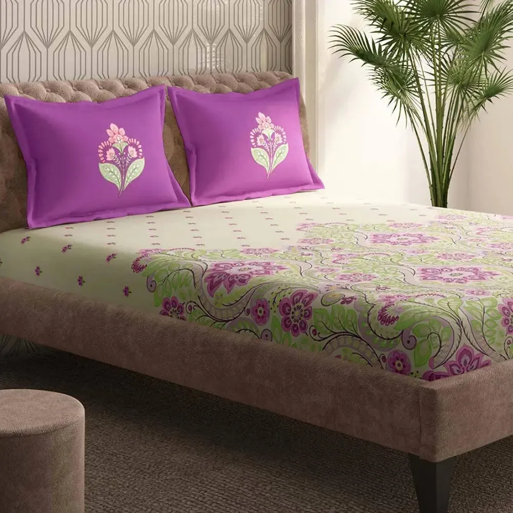 Super Soft Floral Printed Magnum Cotton King Size Bedsheet with 2 Pillow Covers - 300 Thread Count (Purple)