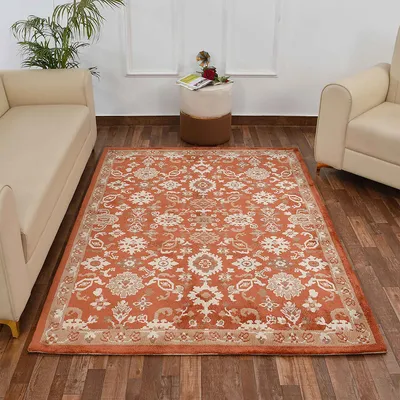 Superior-quality Orange and Beige Traditional Print Polyester Carpet for Living Room