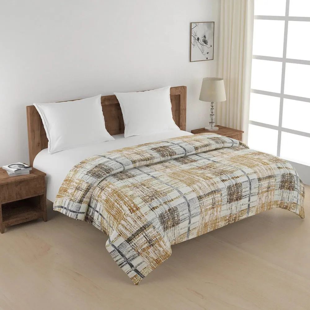 Swayam Abstract Checkered Brown & Yellow Blended Cotton Heavy Double Bed Comforter