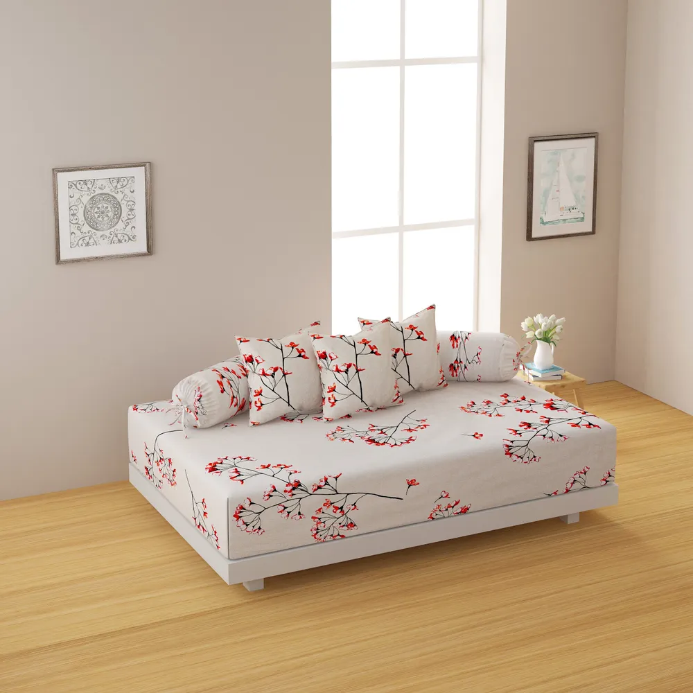 Swayam Ananda 100% Pure Cotton Red Beige Floral Print Diwan Set, Pack of 6