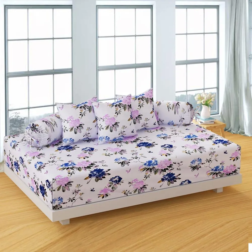 Swayam Ananda 100%Pure Cotton Purple& White Blooming Floral Print Diwan Set, Pack of 6