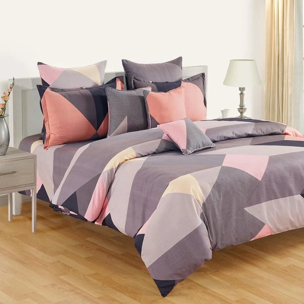 Swayam Ananda Grey & Peach Geometric Cotton Double Bedsheet