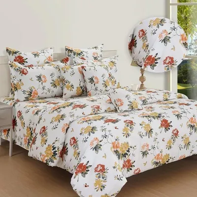 Swayam Ananda White & Yellow Floral Cotton Double Bed Sheet