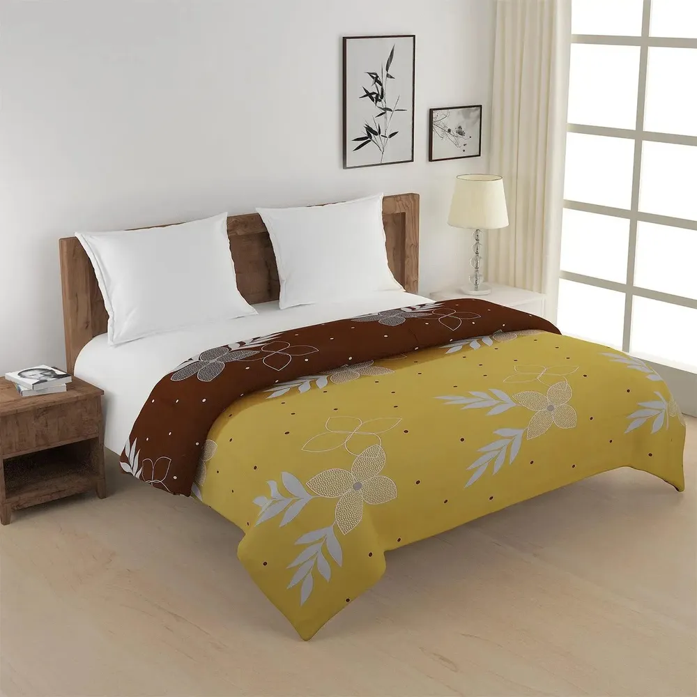 Swayam Artistic Floral Print Yellow & Brown Pure Cotton Double Bed Comforter