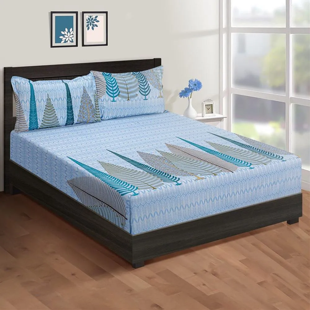 Swayam Blue Fern Print Veda Fitted Bed Sheet with 2 pillow covers