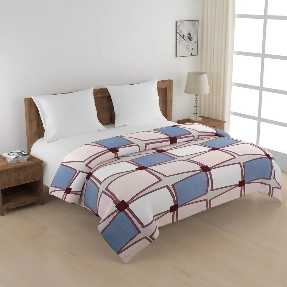 Swayam Blue & Pink Box Pattern Blended Cotton Double Bed Comforter