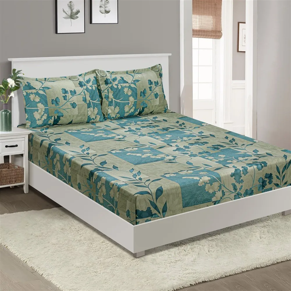 Swayam Cerulean Leaf print Veda Fitted Bed Sheet with 2 pillow covers
