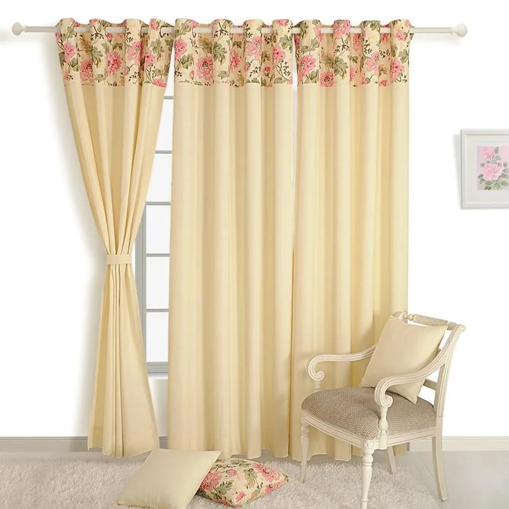 Swayam Cream Floral Premium Lining Printed Eyelet Door Curtain