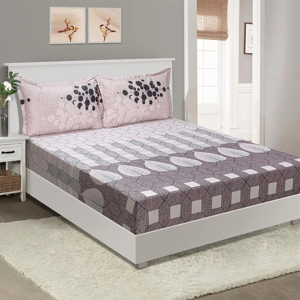 Swayam Dove Geometric Print Zinnia Fitted Bed Sheet with 2 pillow covers